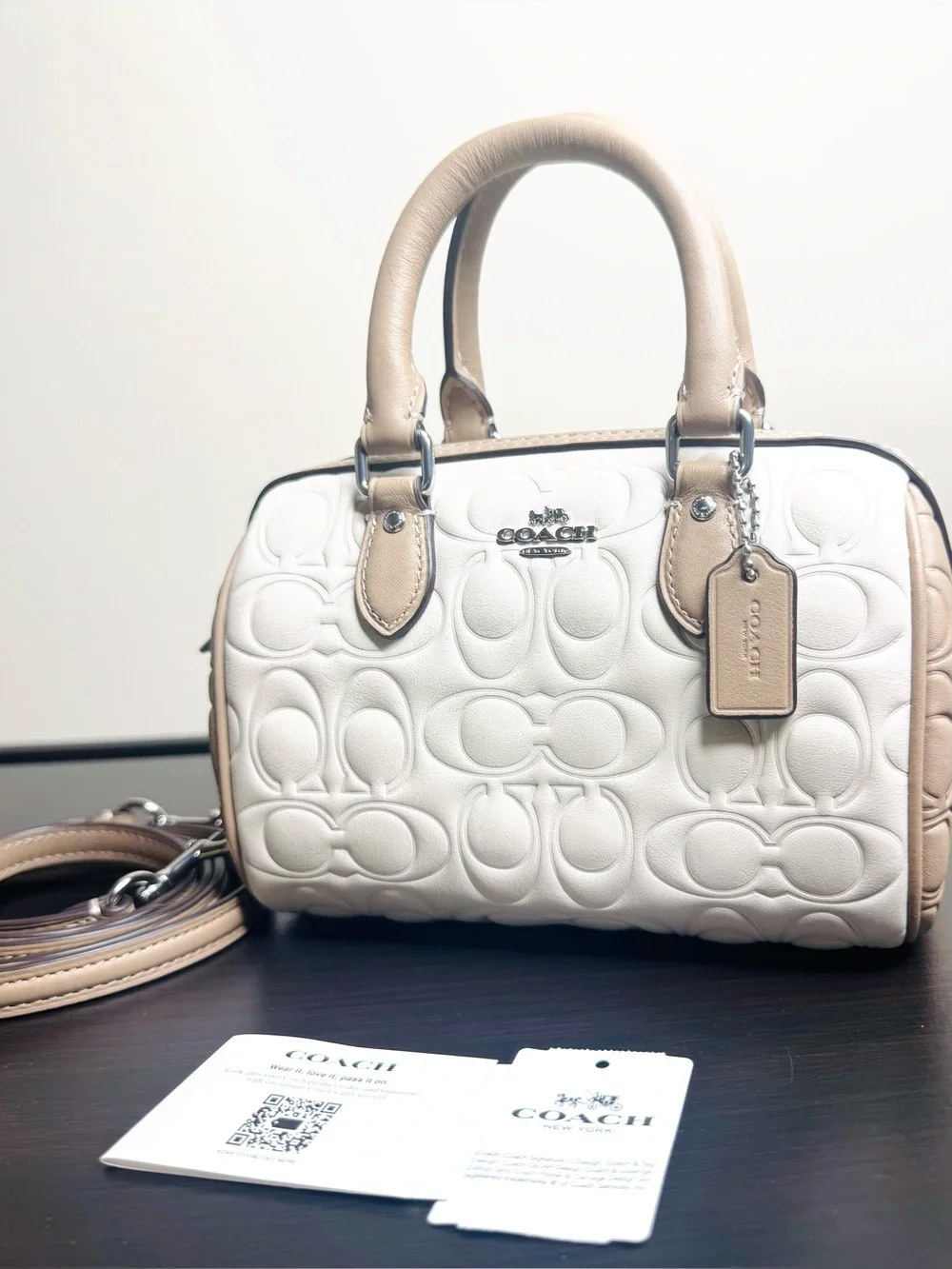 Coach Mini Rowan Blocked Signature C Satchel Top Zip Chalk/Taupe Logo Crossbody
